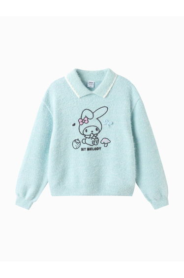 Girls' Fuzzy Polo Sweater with Cartoon Design