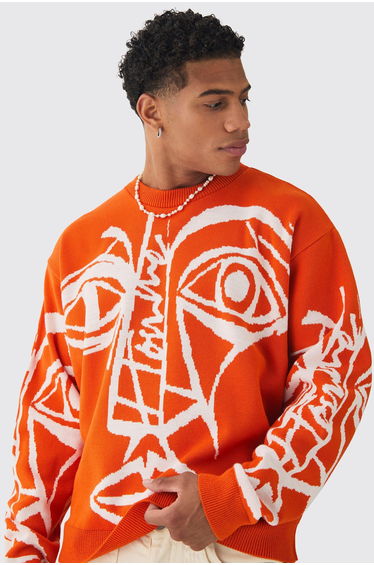 Oversized Boxy Abstract Line Face Knitted Jumper - orange