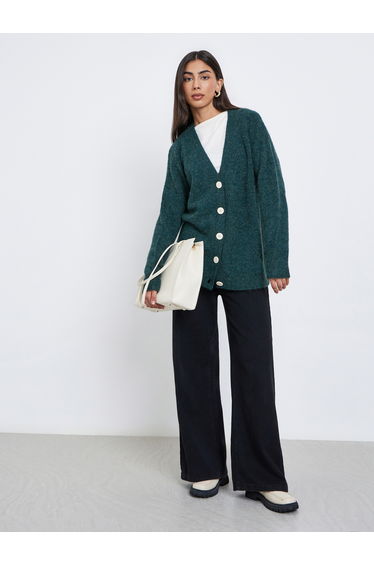 Dark Green Oversized Longline V Neck Cardigan