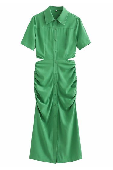 Cutout Waist Side Ruched Shirt Dress in Green