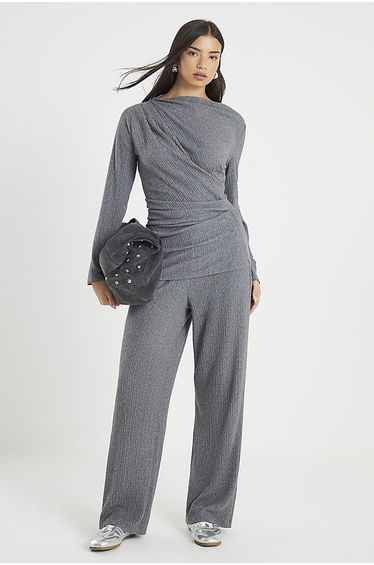 Grey Cosy Ribbed Long Sleeve Drape Top