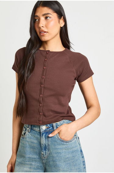 Tall Rib Button Through Cap Sleeve Top - chocolate