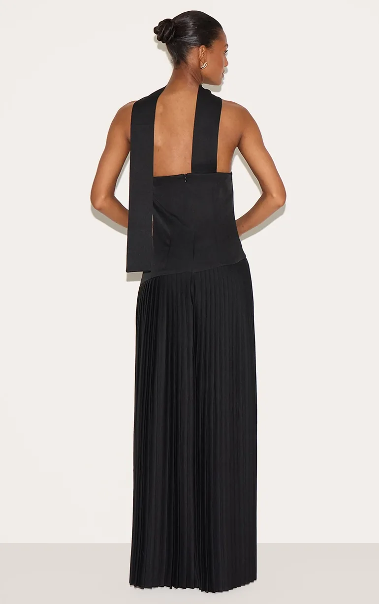 Black Woven Asymetric Pleated Maxi Dress - 1