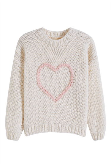 Statement Pinky Heart Chunky Hand Knit Sweate in Ivory