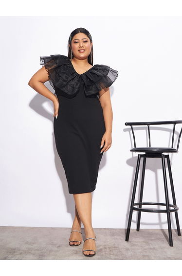 Plus Organza Frill Detail Bodycon Midi Dress