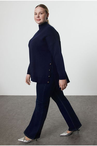 Navy Blue Button Detailed Turtleneck Knitwear Sweater