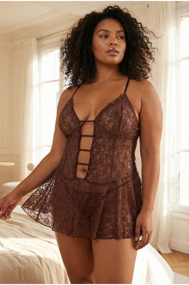 Brown Cut-Out Detail Panty Lace Pcs Cup-Free Knitted Babydoll/Fantasy Nightgown