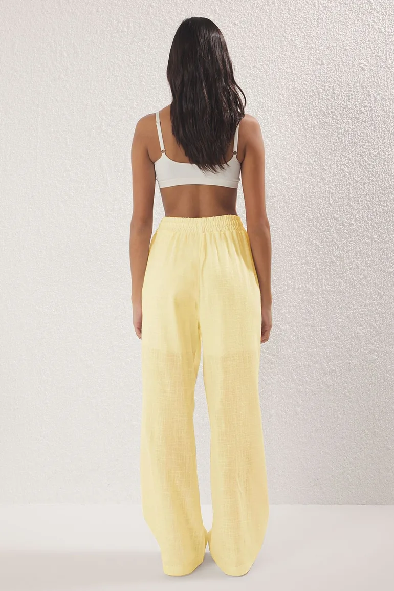 Light Yellow Linen Look Wide Leg/Wide Leg Shorts Lined Elastic Waist Trousers - 3