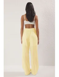 Light Yellow Linen Look Wide Leg/Wide Leg Shorts Lined Elastic Waist Trousers - 3