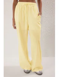 Light Yellow Linen Look Wide Leg/Wide Leg Shorts Lined Elastic Waist Trousers - 2