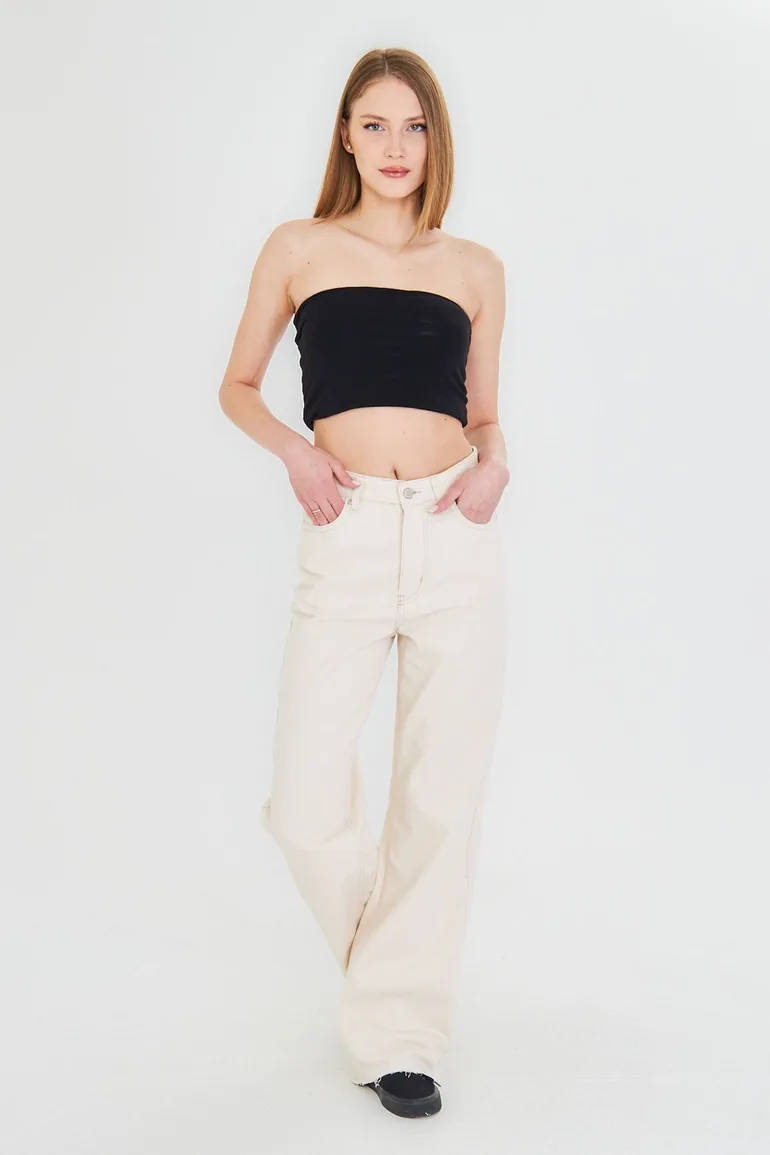 Ecru Cut-Off High Waist Straight Jeans - 11