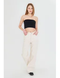 Ecru Cut-Off High Waist Straight Jeans - 11