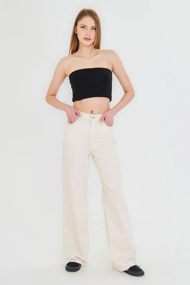 Ecru Cut-Off High Waist Straight Jeans - 6