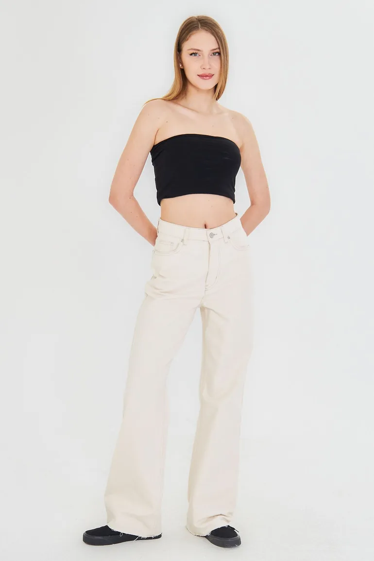 Ecru Cut-Off High Waist Straight Jeans - 7