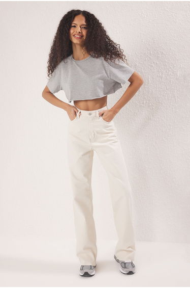 Ecru Cut-Off High Waist Straight Jeans