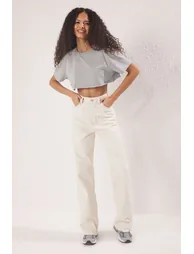 Ecru Cut-Off High Waist Straight Jeans