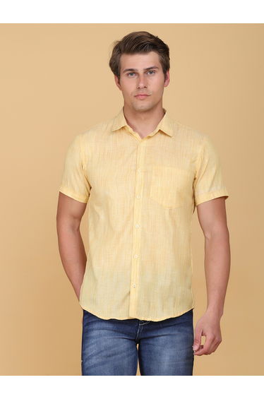 Men Yellow Linen Look Short Sleeve Shirt