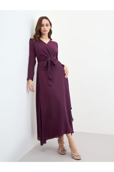 Magenta Long Sleeves A-Line Maxi Dress