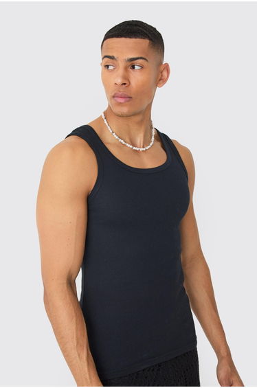 Basic Muscle Fit Ribbed Vest - black