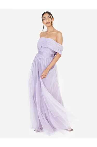 Anaya With Love Recycled Dusty Lilac Bardot Maxi Dress with Sash Belt