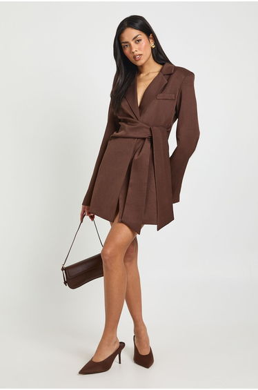 Wrap Tie Belt Detail Blazer Dress - chocolate