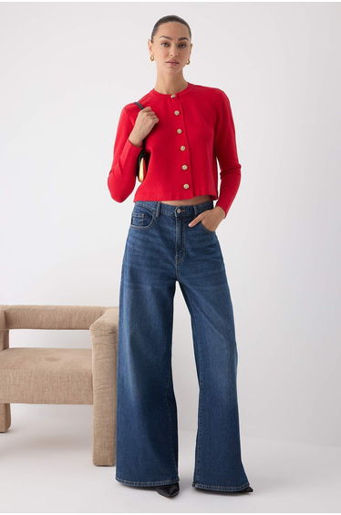 Red Flat Button Detailed Crop Premium/Special Yarn Knitwear Cardigan