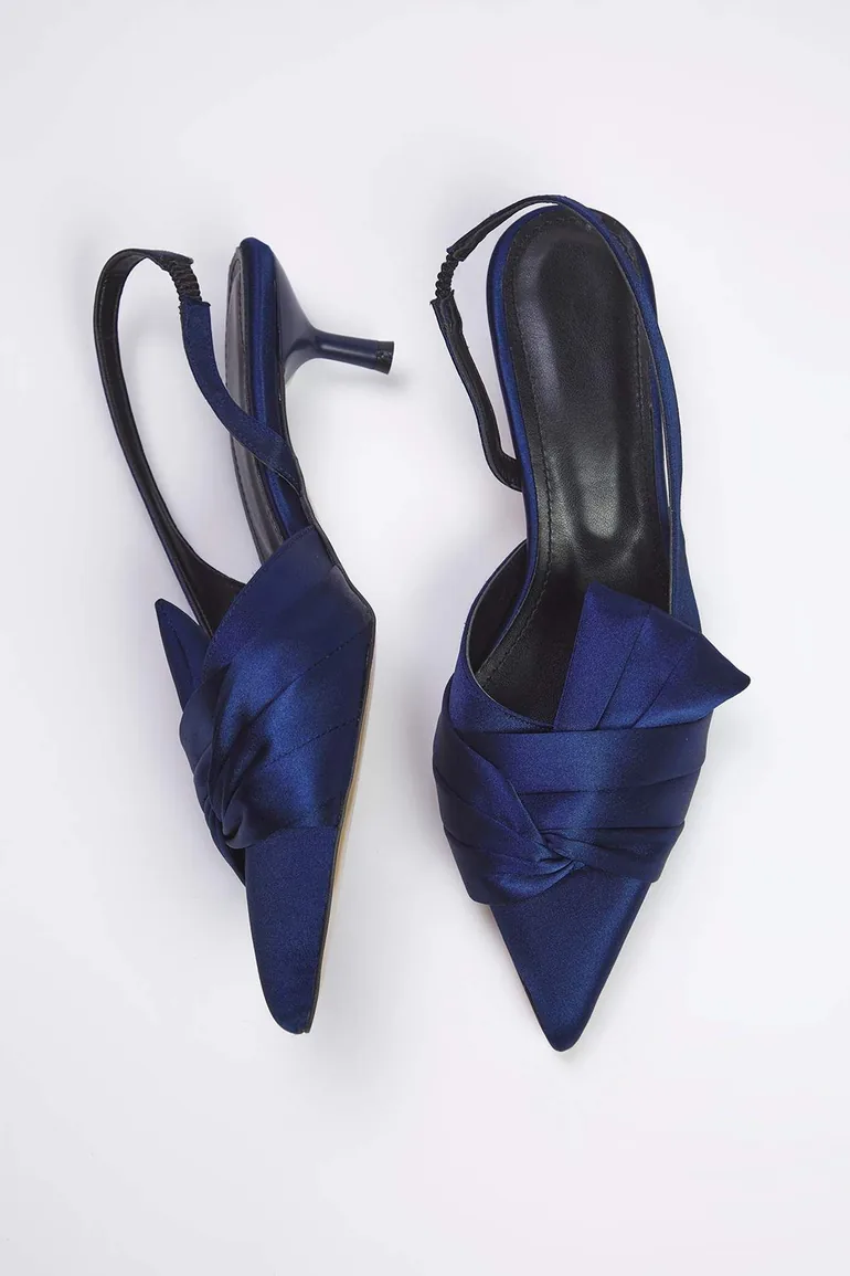 Navy Blue Satin Knot Detail Pointed Toe Women's Kitten Heels Shoes