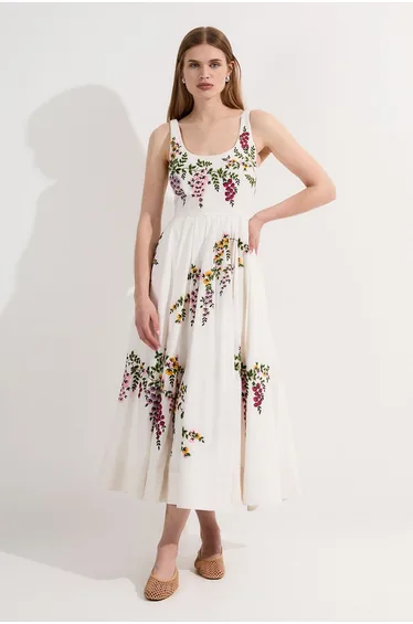 Petite Floral Embroidered Cotton Linen Woven Prom Dress