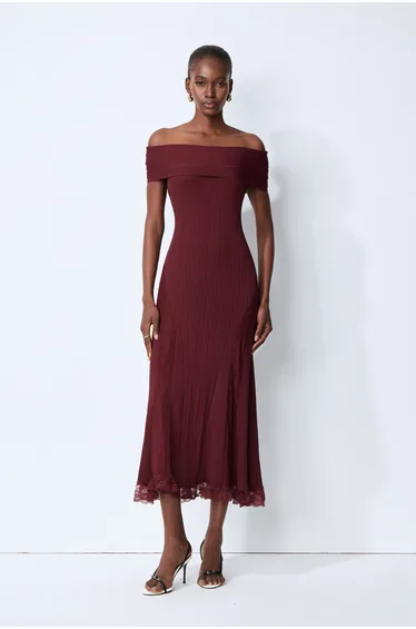 Magic Memory Burgundy Off Shoulder Lace Hem Knit Midi Dress