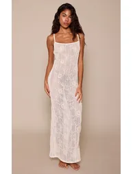 White Floral Textured Strappy Maxi Bodycon Dress