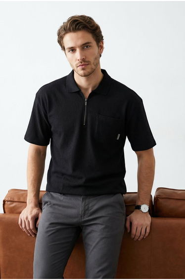Black Oversize/Wide Cut Textured Polo Neck T-shirt with Pocket Details