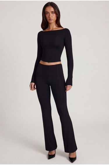 Modal Ruched Flared Trousers in Black