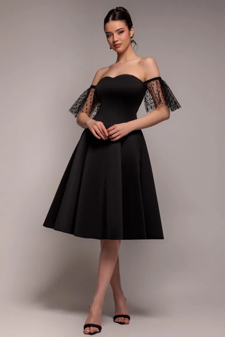 Scuba & Polka Mesh Off The Shoulder Midi Dress - Black by Goddiva