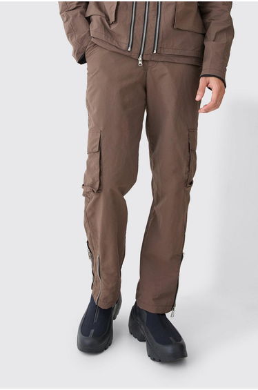 Fixed Waist Washed Nylon Cargo Trousers - khaki