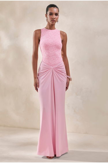 Setaria | Pink Satin Maxi-Skirt With Gathered-Detailing And Sash