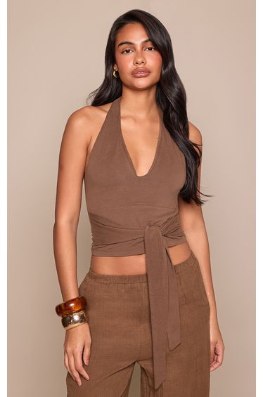 Chocolate Soft Cotton Halterneck Wrap Waist Detail Cami Top