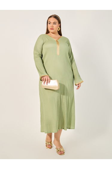 Plus Size Textured V-Neck A-Line Jalabyia