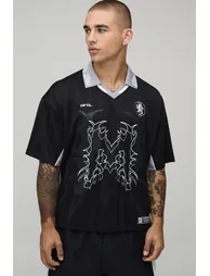 Oversized Grunge Varsity Rhinestone Mesh V Neck T-Shirt - black