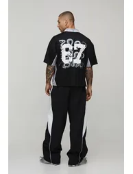 Oversized Grunge Varsity Rhinestone Mesh V Neck T-Shirt - black - 1