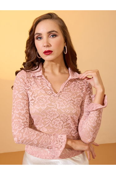 Pink Open Collar Floral Lace Top