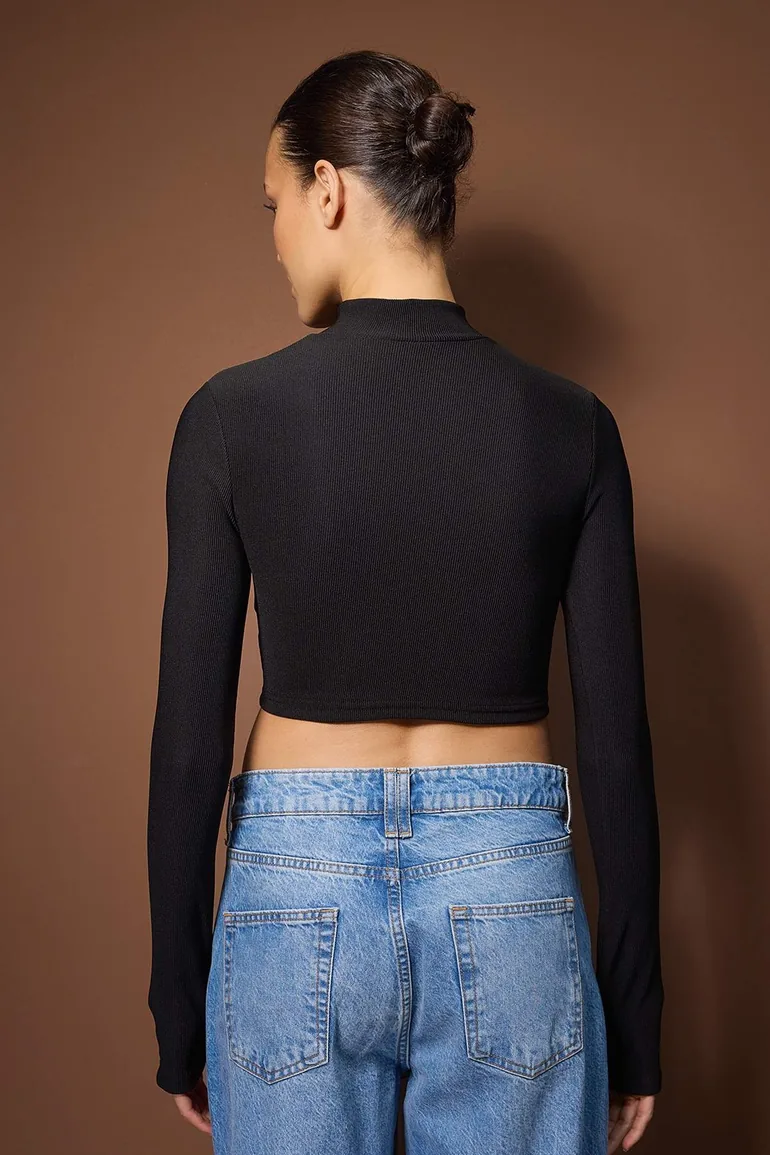 Black ottoman zip-up high neck stretch bodycon knit top - 3