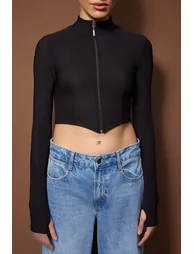 Black ottoman zip-up high neck stretch bodycon knit top - 2
