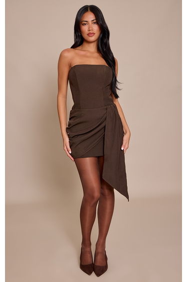 Chocolate Tailored Woven Wrap Drape Mini Skirt