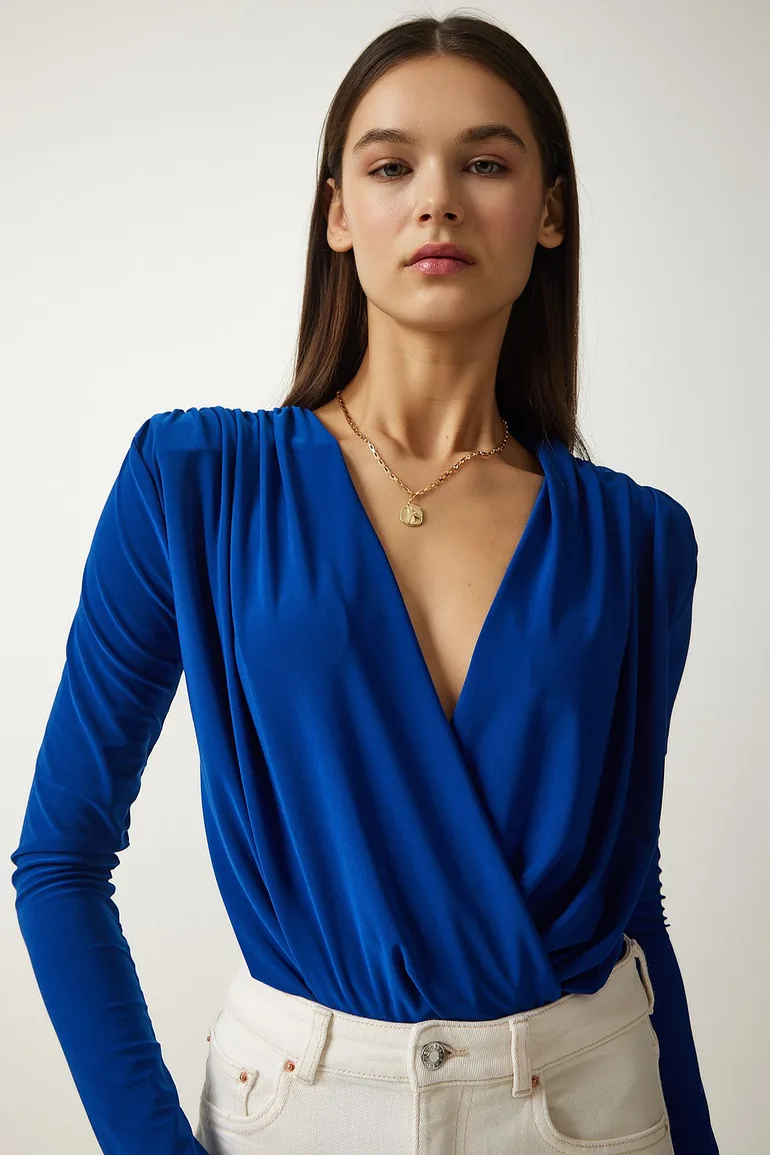 Women's Cobalt Blue Wrapover Neck Snap-On Knitted Top - 2