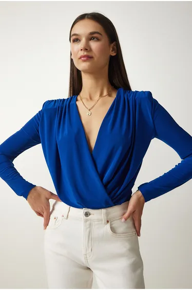Women's Cobalt Blue Wrapover Neck Snap-On Knitted Top