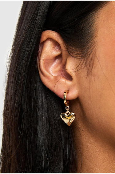 Gold Heart Drop Hoop Earrings - gold