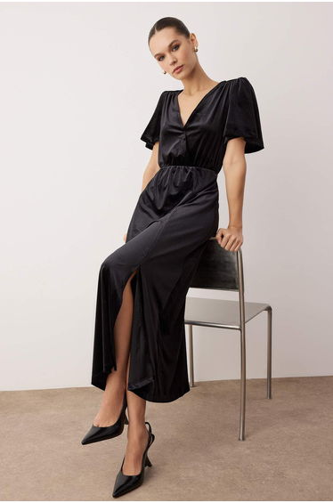 Black Velvet Double Breasted V-Neck Handkerchief Sleeve Plain Midi Knitted Dress