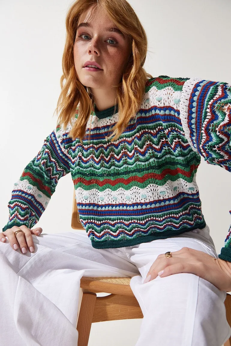 Women's Cream Green Patterned Seasonal Knitwear Sweater - 1