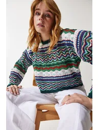 Women's Cream Green Patterned Seasonal Knitwear Sweater - 1