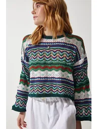 Women's Cream Green Patterned Seasonal Knitwear Sweater - 2